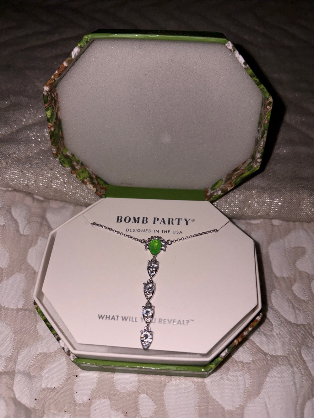 Bomb Party Silver Necklace with Green Teardrop Accent